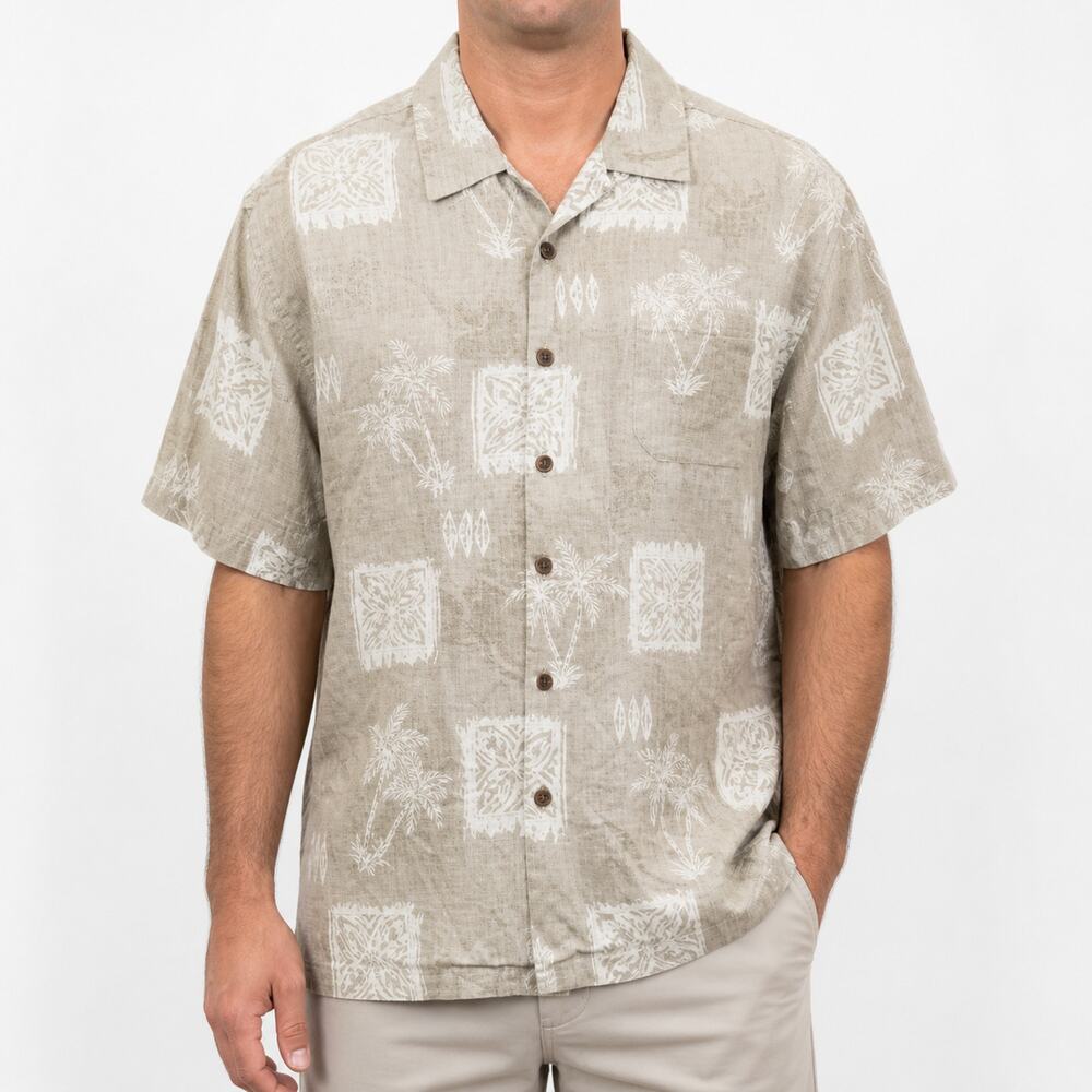 Jamaica Jaxx Shirt Mens Large Beige Silk Hawaiian Palm Tree Aloha Button-Up